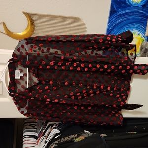 Unique Vintage Sheer Black Blouse Red Velvet Polka Dots